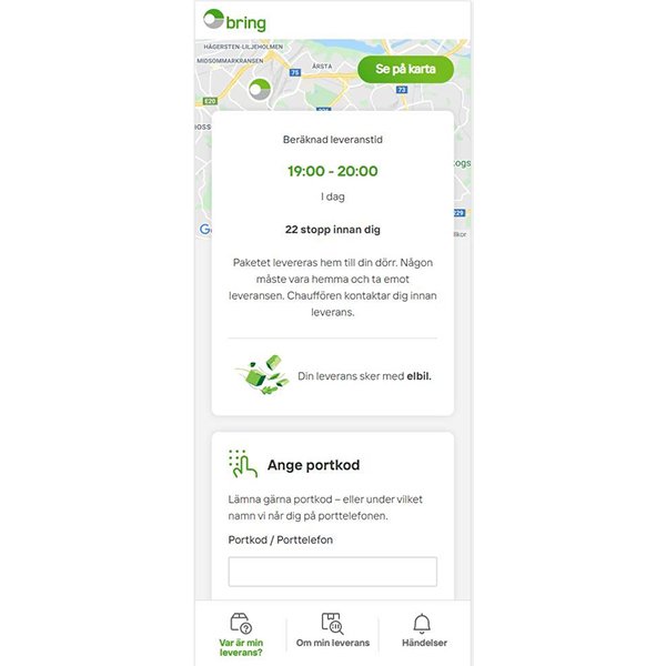 Brings digitala gränssnitt som visar att en kvällsleverans levereras med en elbil