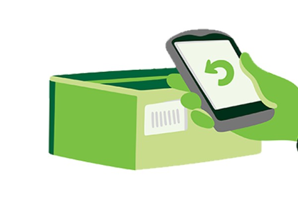 En illustration av en hand som håller i en mobiltelefon framför ett paket, för att göra en retur.
