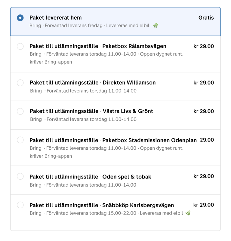 En skärmbild från en kassa med leveransalternativ