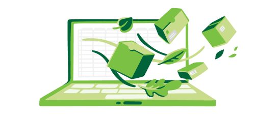 Illustrerad bild av paket som flyger ut ur en bärbar dator.