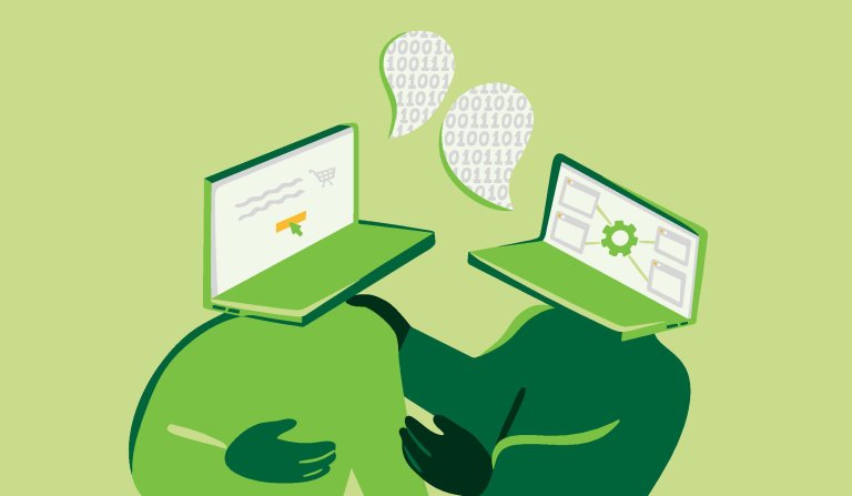 Illustration som visar två bärbara datorer som pratar med varandra.