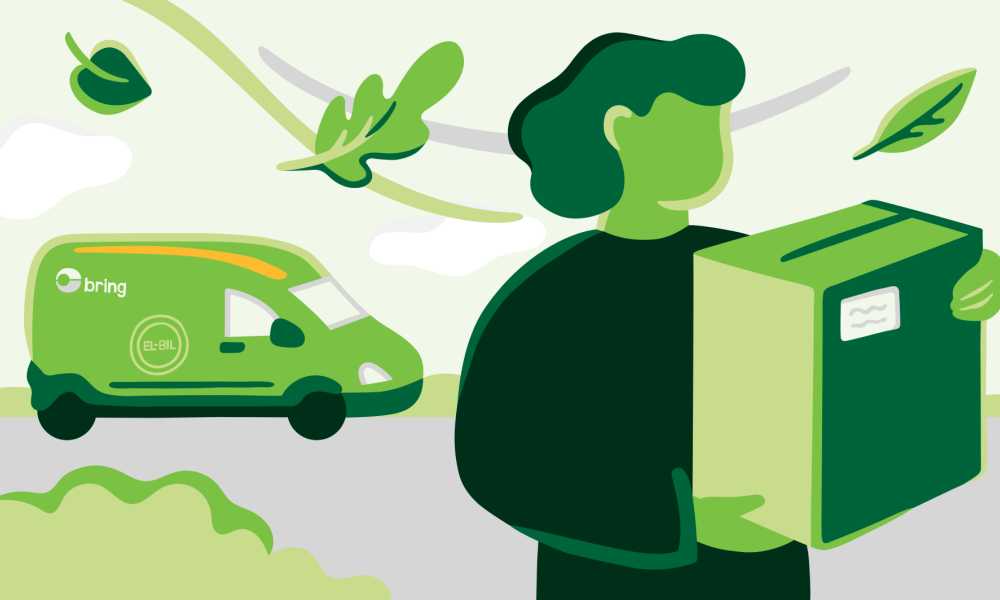 Kvinnlig figur mottar paket från en elektrisk Bringbil.