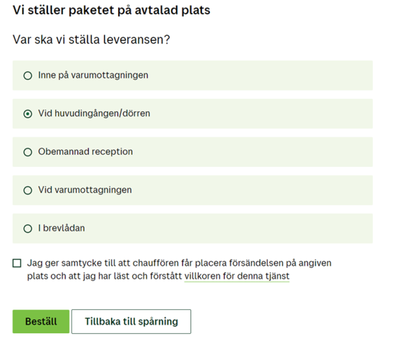 En skärmbild som visar en leverans där mottagaren kan välja vart leveransen ska ställas