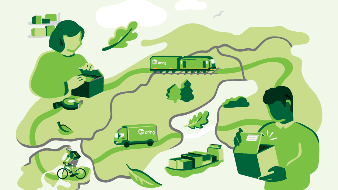 En illustration som visar Brings nordiska nätverk, med både lastbilar, tåg, byggnader och paket.