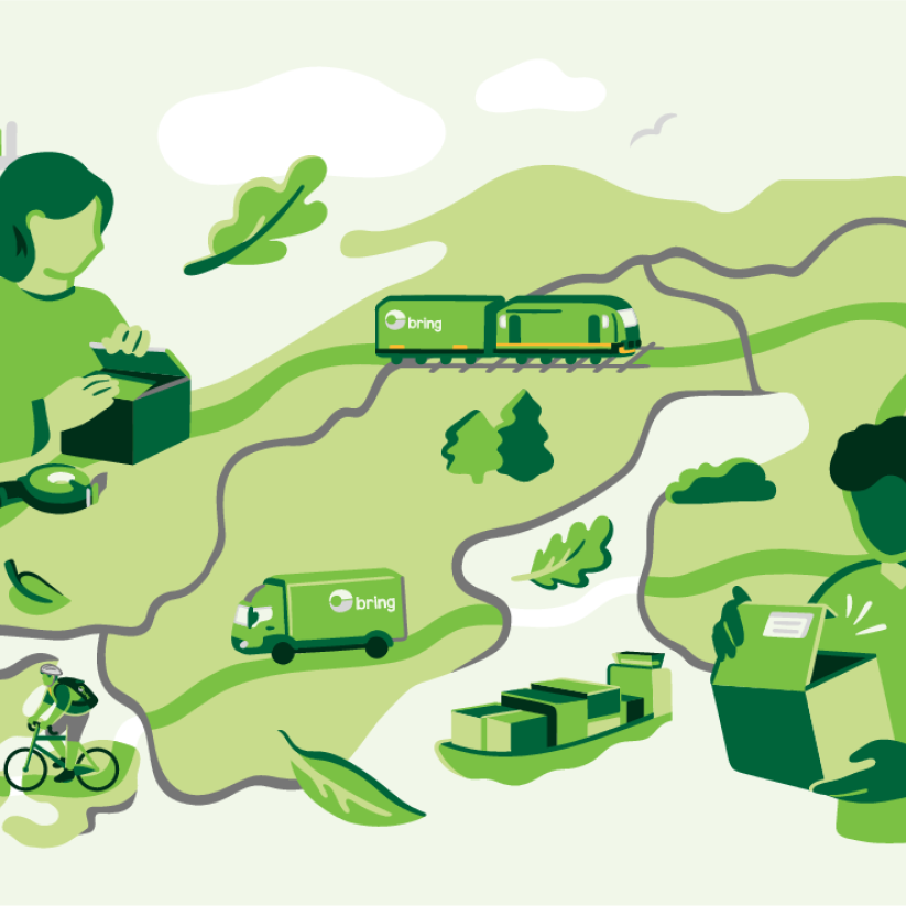 En illustration som visar Brings nordiska nätverk, med både lastbilar, tåg, byggnader och paket.